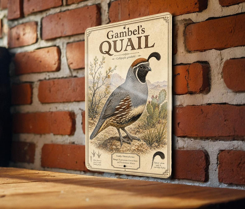 A vintage-style metal sign featuring an illustration of a quail bird, mounted on a brick wall.