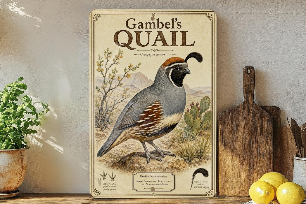 A vintage-style poster of a quail, featuring a detailed illustration of the bird in a desert landscape, is displayed on a shelf next to a wooden cutting board and some potted plants.