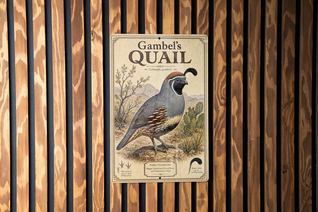 A metal sign with a picture of a quail standing on a wooden fence.