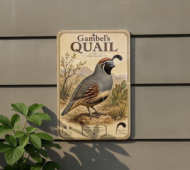 A metal sign featuring an illustration of a quail bird, with text that reads "Gambel's Quail" and additional information about the bird.