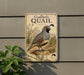 A metal sign featuring an illustration of a quail bird, with text that reads "Gambel's Quail" and additional information about the bird.