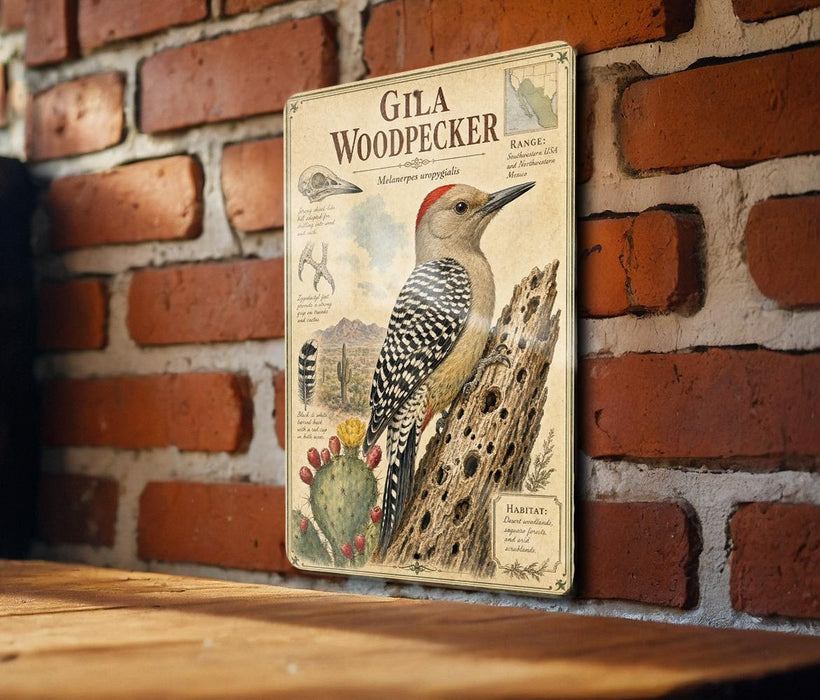 A metal sign with a woodpecker illustration and text is mounted on a brick wall.