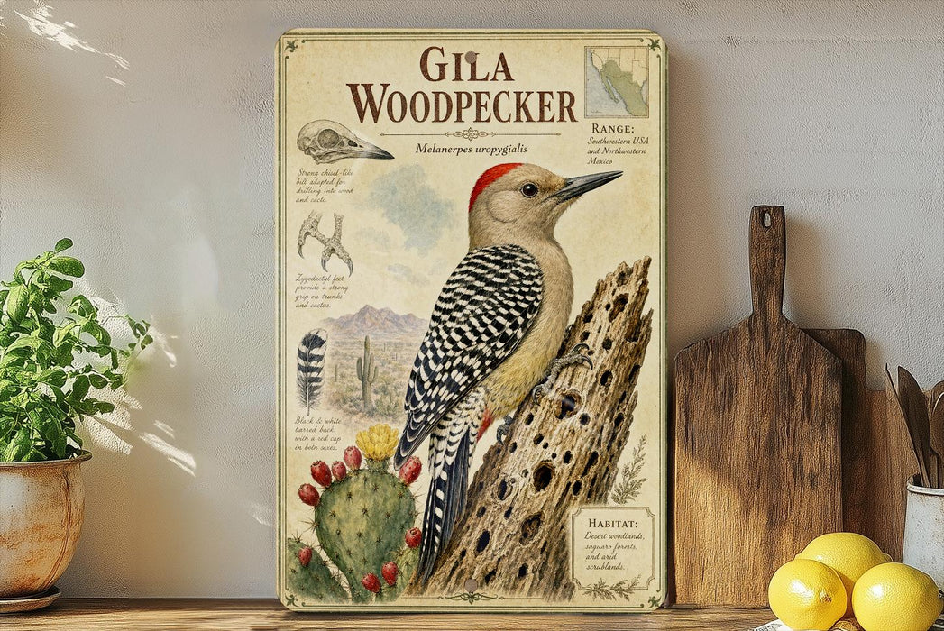 A framed illustration of a gila woodpecker, a species of woodpecker, is displayed on a shelf next to a potted plant and a cutting board.