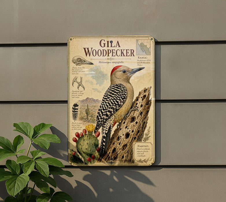 A metal sign with illustrations and text about the Gila Woodpecker, a species of bird, mounted on a wall.