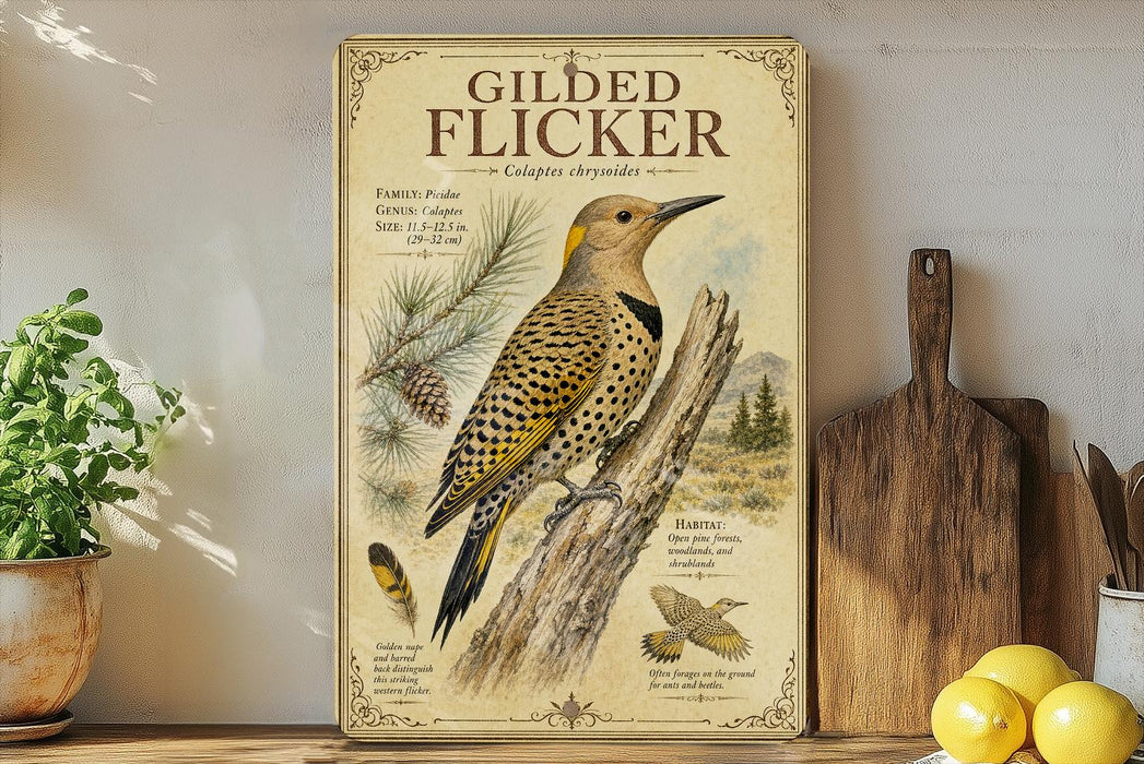 a framed illustration of a gilded flicker, a type of bird, perched on a tree branch. The flicker is depicted in a detailed and realistic manner, showcasing its distinctive markings and features. The framed artwork is displayed on a shelf, surrounded by various kitchen utensils and decor items, such as a potted plant, a cutting board, and a bowl of fruit.