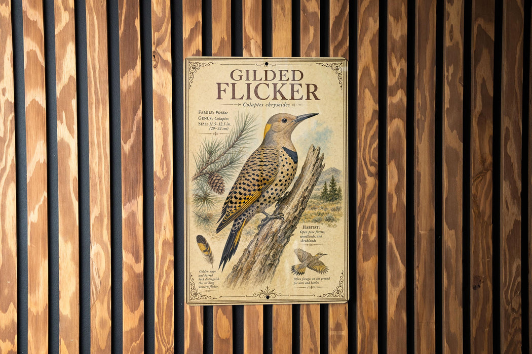 a poster of a gilded flicker, a type of bird, mounted on a wooden wall.