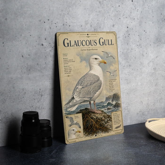 a metal poster or informational display about the Glaucous Gull, a species of seagull, with a detailed illustration of the bird and accompanying text.