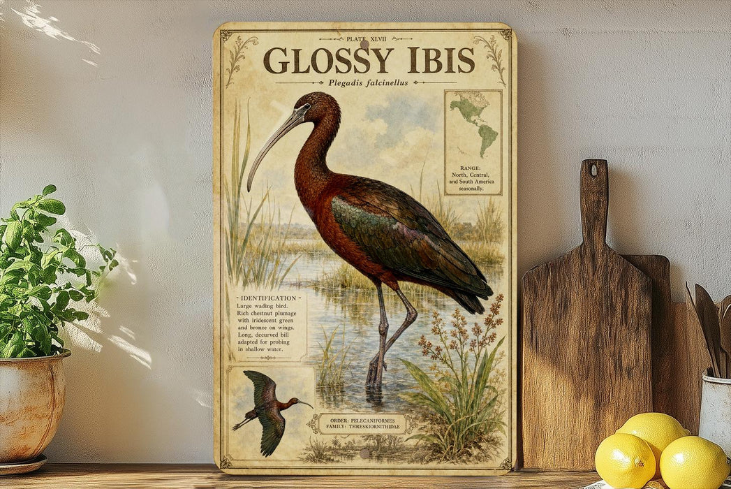 a vintage-style illustration of a glossy ibis bird, with a wooden board displaying the bird's scientific name and details. The scene includes a potted plant, a wooden cutting board, and some lemons.