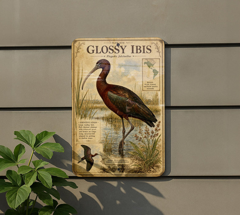 a sign with a detailed illustration of a Glossy Ibis, a large wading bird with a long, curved beak, standing in a marshy area with tall grass and plants.