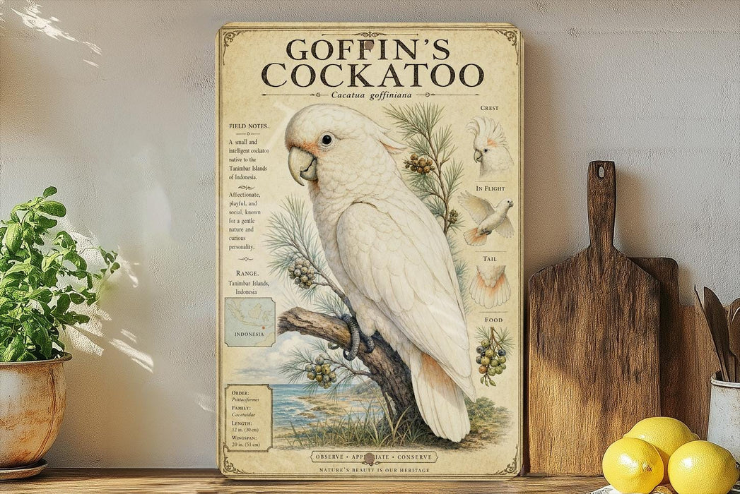 A vintage-style illustration of a white cockatoo, accompanied by a field guide, is displayed on a shelf next to a wooden cutting board and a potted plant.