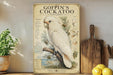 A vintage-style illustration of a white cockatoo, accompanied by a field guide, is displayed on a shelf next to a wooden cutting board and a potted plant.