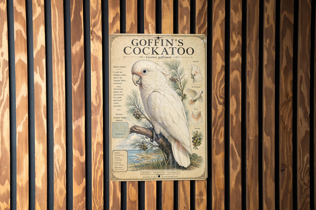 A vintage-style illustration of a white cockatoo perched on a branch, with text providing information about the bird.