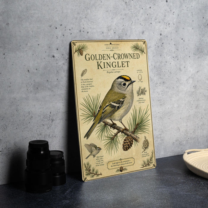 A framed illustration of a golden-crowned kinglet, a small bird with a yellow crown, is displayed on a table.