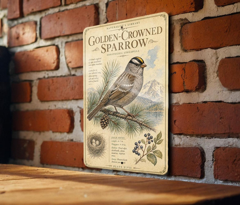 A vintage-style metal plaque with an illustration of a golden-crowned sparrow perched on a branch, surrounded by pine needles and berries, mounted on a brick wall.