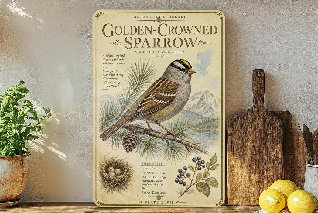 a vintage-style poster of a golden-crowned sparrow, with illustrations of pine branches, pine cones, and berries, along with a detailed description of the bird's features and habitat.