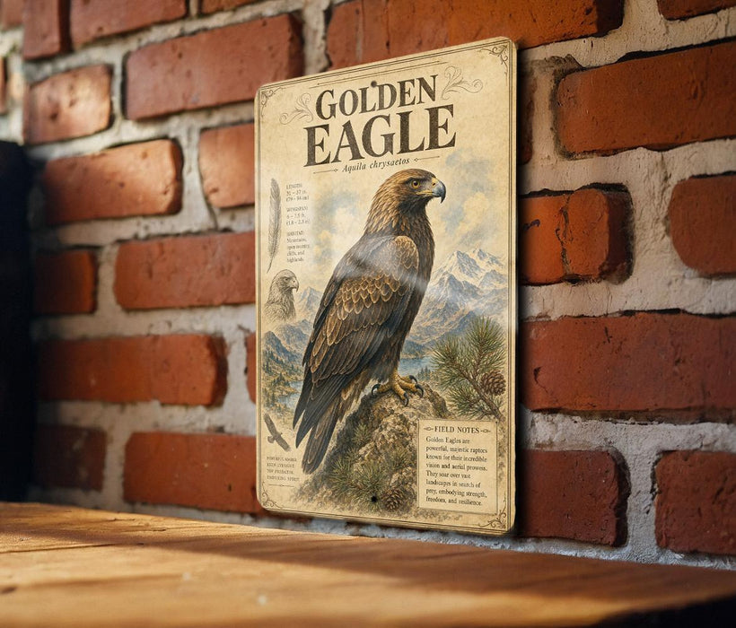 a vintage-style metal sign with an illustration of a golden eagle perched on a rocky outcrop, mounted on a brick wall.
