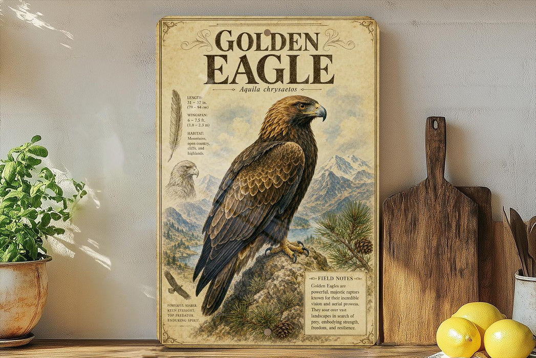 a large poster of a golden eagle, with a detailed illustration of the bird and its natural habitat. The poster is displayed on a wall, and there are some kitchen utensils, such as a knife and a cutting board, visible in the background.