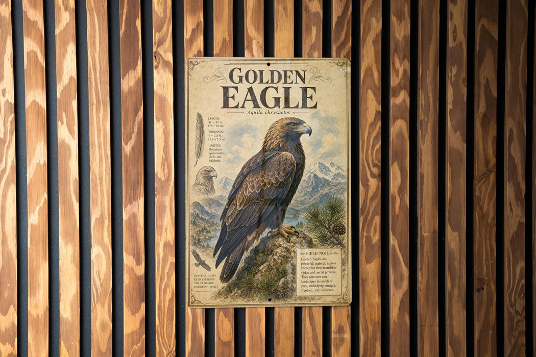 a poster of a golden eagle, which is a large bird of prey native to North America.