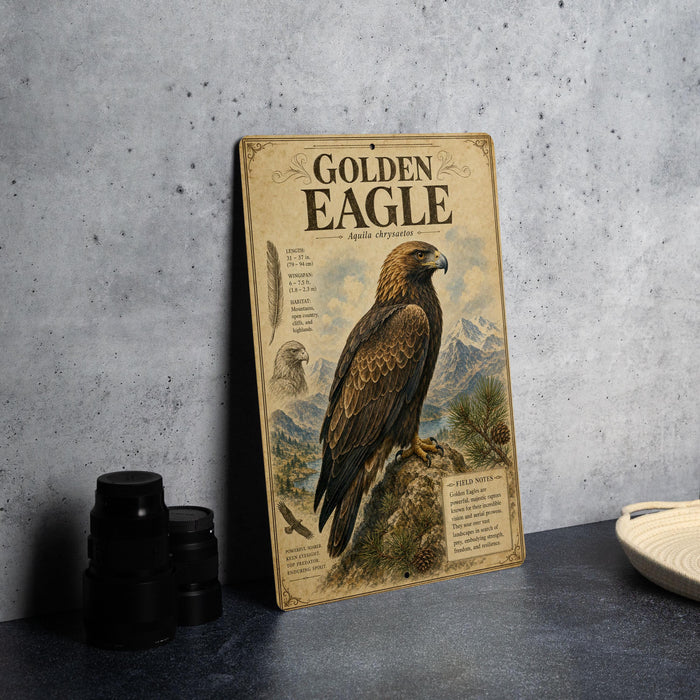 a vintage-style metal sign with an illustration of a golden eagle, placed on a countertop next to some camera equipment.