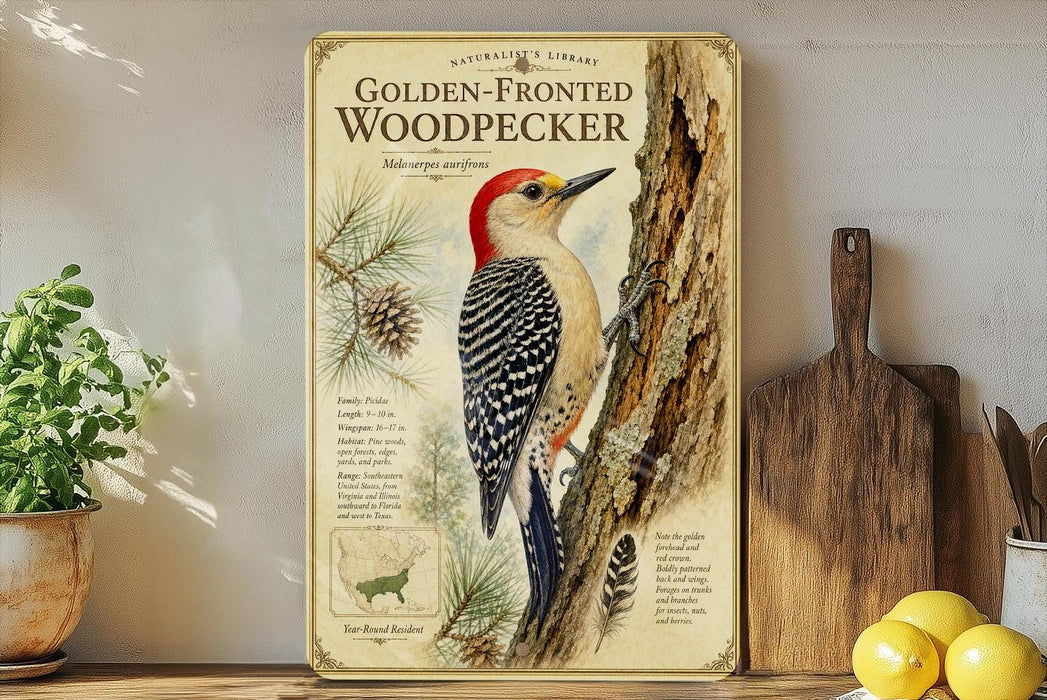 a framed illustration of a golden-fronted woodpecker, with text providing information about the species. The woodpecker is perched on a tree trunk, surrounded by pine cones and pine needles. The text on the frame includes the title "Golden-Fronted Woodpecker" and the subtitle "Mesopelonursi aureus", indicating that it is a species of woodpecker. The frame is placed on a wooden shelf, with a potted plant and a cutting board visible in the background.