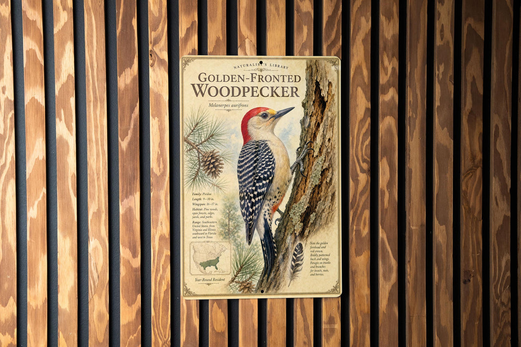 a vintage-style poster of a golden-fronted woodpecker, mounted on a wooden wall.