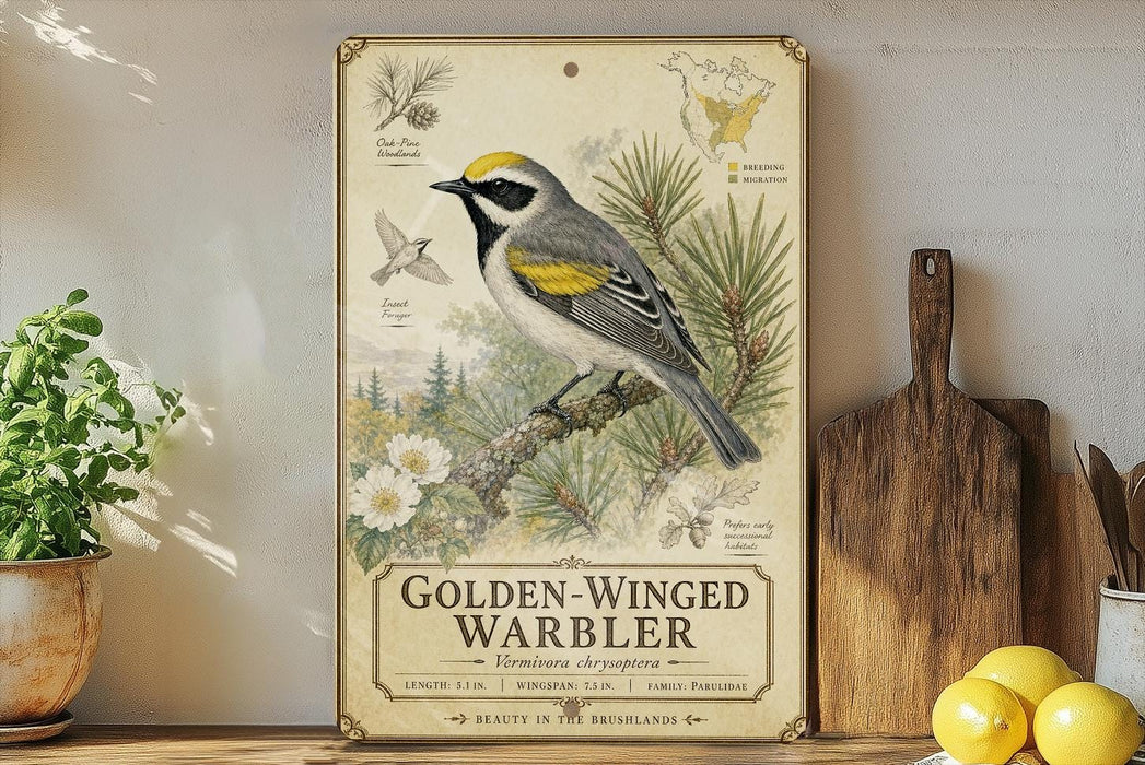 A vintage-style poster of a golden-winged warbler, featuring illustrations of the bird and its natural habitat, is displayed on a shelf next to a wooden cutting board and a potted plant.
