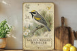 A vintage-style poster of a golden-winged warbler, featuring illustrations of the bird and its natural habitat, is displayed on a shelf next to a wooden cutting board and a potted plant.