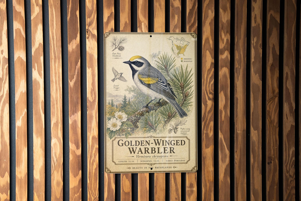 a vintage-style poster of a golden-winged warbler, mounted on a wooden wall.