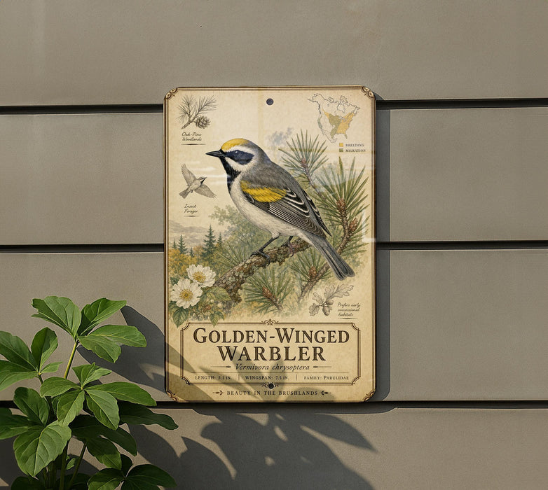 a sign with a bird illustration and text, mounted on a wall next to a plant.