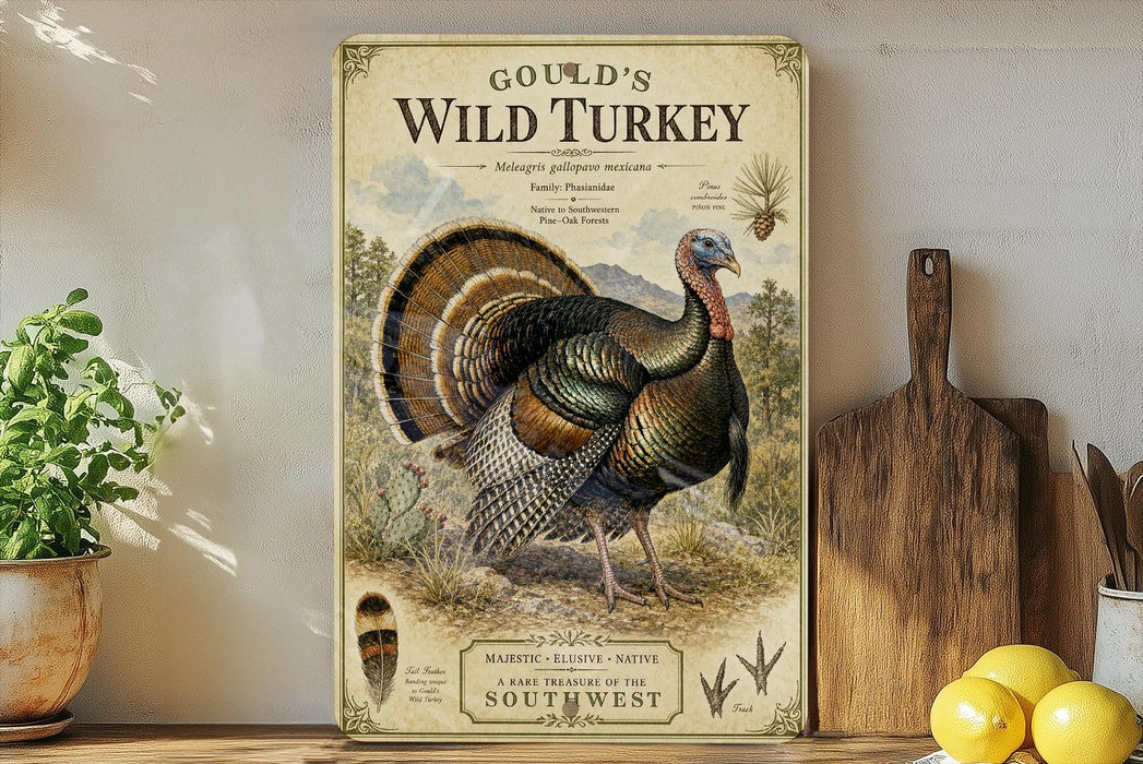 A vintage-style poster of a wild turkey is displayed on a wall, surrounded by kitchen utensils and a potted plant.