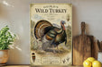 A vintage-style poster of a wild turkey is displayed on a wall, surrounded by kitchen utensils and a potted plant.