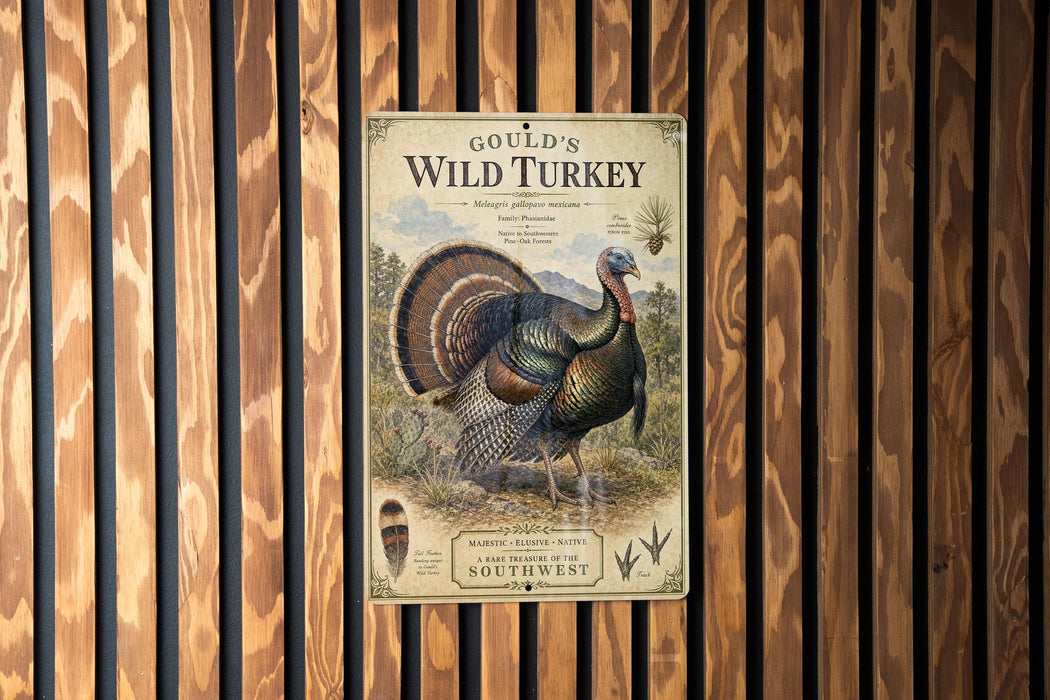 A vintage-style poster of a wild turkey is displayed on a wooden wall, featuring a detailed illustration of the turkey and its natural habitat.