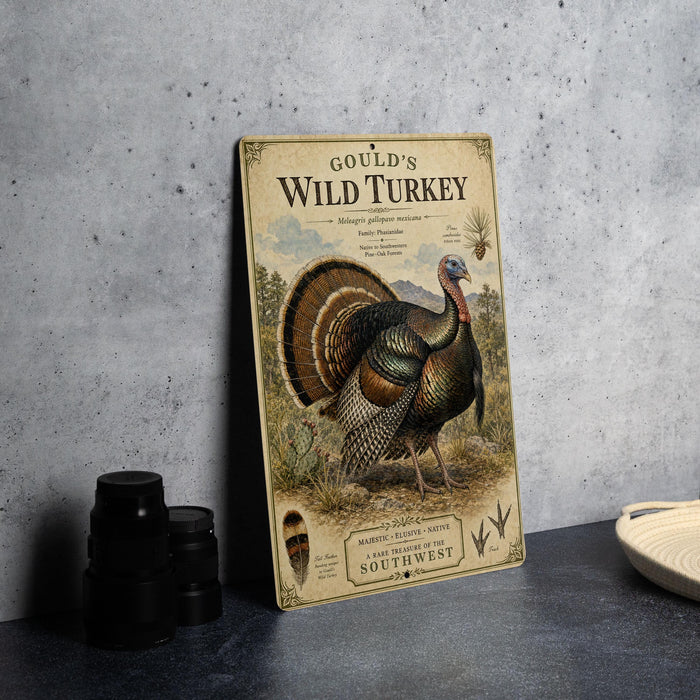 A vintage-style metal sign featuring an illustration of a wild turkey, with text describing the turkey's characteristics and origin.