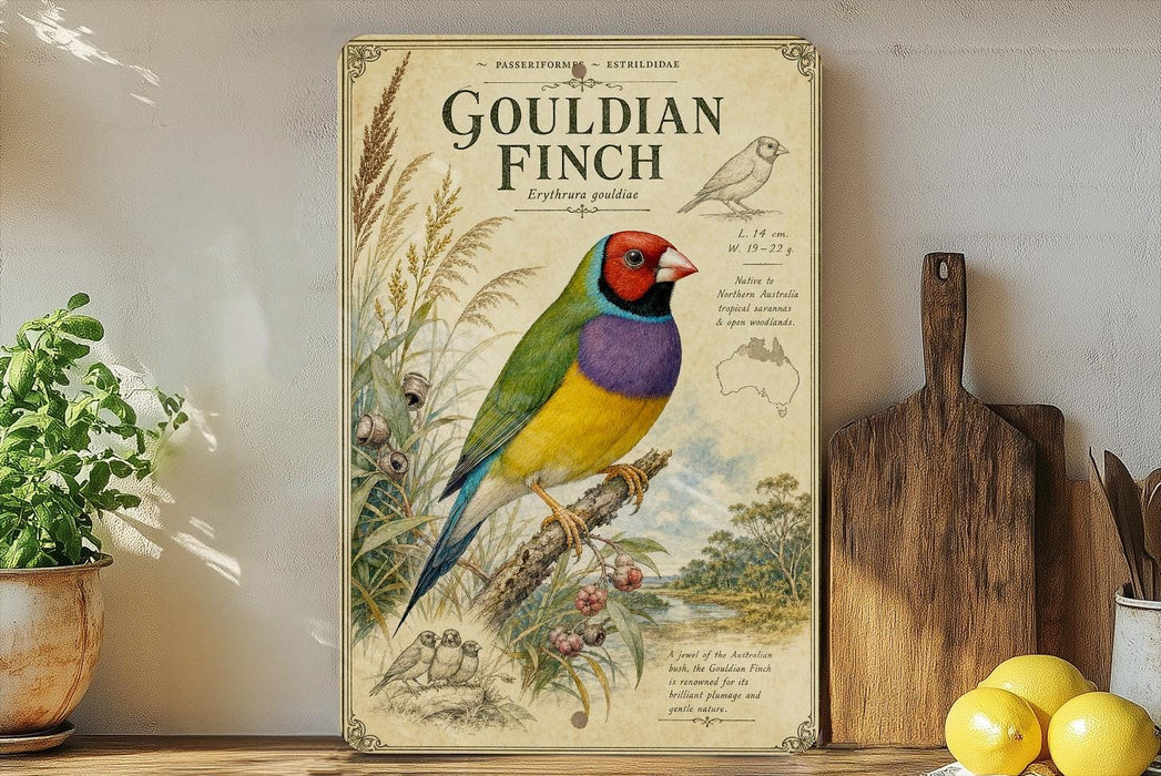 a poster of a colorful bird, specifically a Gouldian finch, perched on a branch surrounded by various plants and flowers. The poster is displayed on a wall, and there are some kitchen utensils, such as a cutting board and a knife, visible in the background.