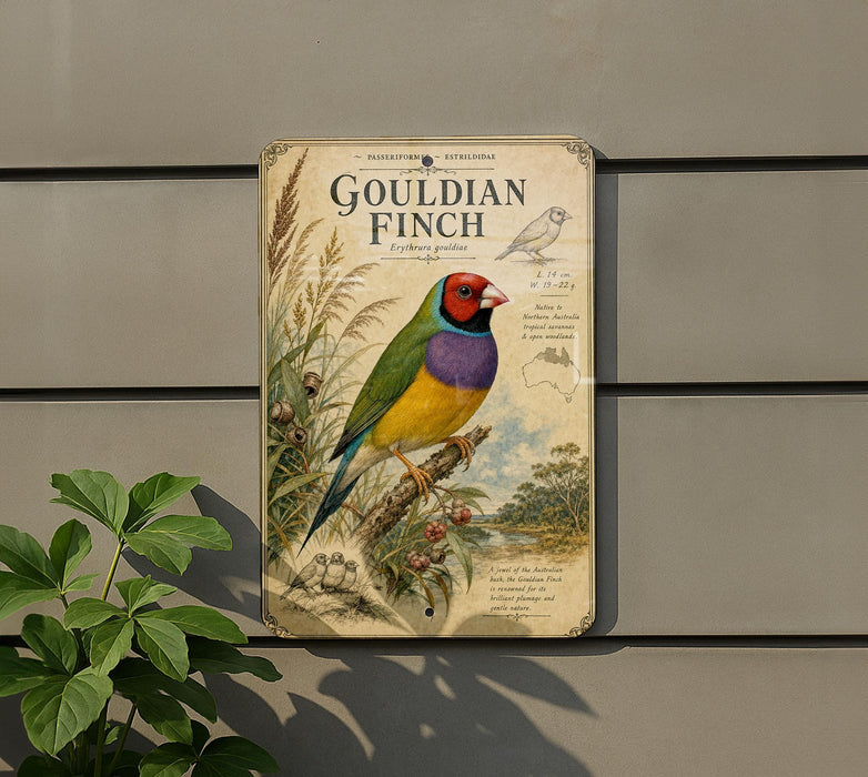a colorful illustration of a multicolored bird, specifically a Gouldian finch, perched on a branch.