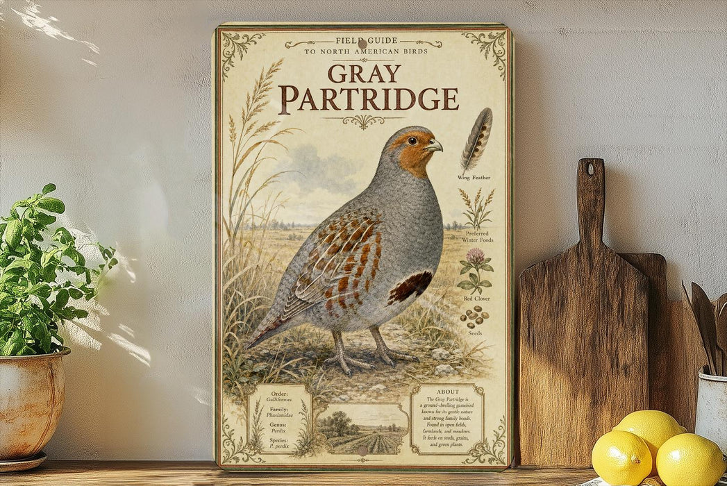 a vintage-style poster of a gray partridge standing in a grassy field, with a wooden paddle and a potted plant to the side.