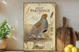 a vintage-style poster of a gray partridge standing in a grassy field, with a wooden paddle and a potted plant to the side.