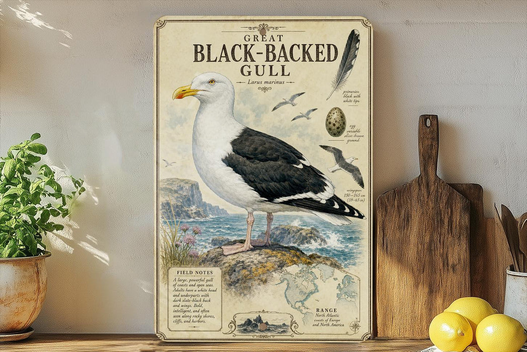 A framed illustration of a Great Black-Backed Gull, a seabird species, is displayed on a shelf next to a wooden cutting board and some potted plants.