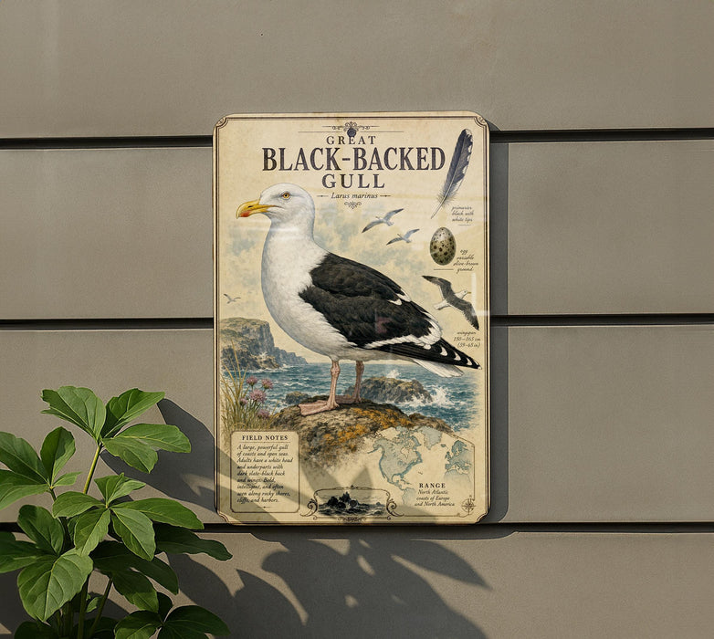a large, black-backed gull standing on a rock near the ocean.