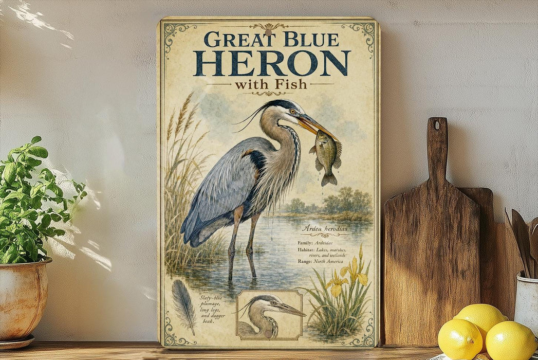 A framed illustration of a great blue heron with a fish in its beak, standing in a body of water surrounded by plants and flowers.