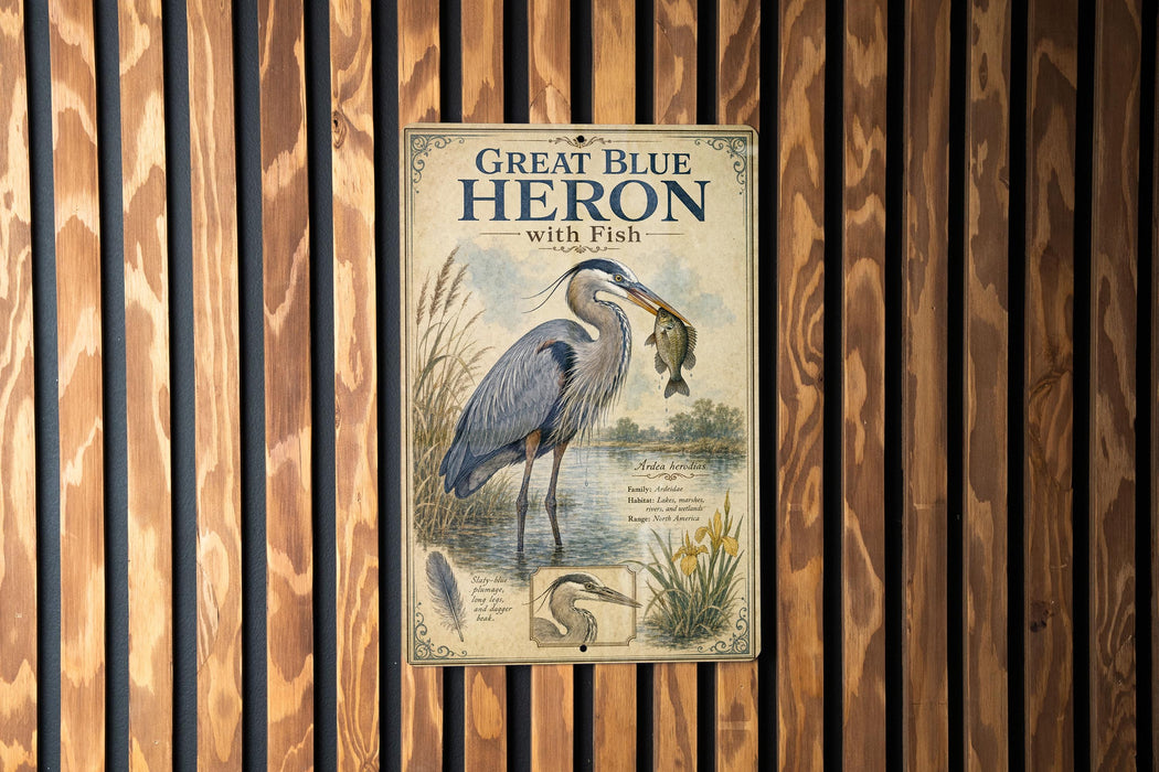 A vintage-style sign featuring a great blue heron with a fish in its beak, set against a wooden background.