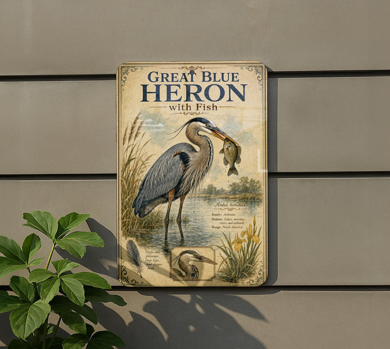 a vintage-style sign with illustrations of a heron and fish, mounted on a wall next to a plant.