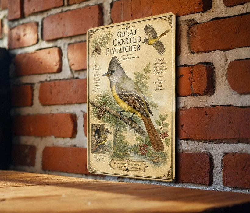 A vintage-style metal sign with illustrations and text about the Great Crested Flycatcher, mounted on a brick wall.