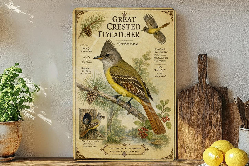 a framed illustration of a Great Crested Flycatcher, a bird with a distinctive yellow and brown plumage, perched on a branch. The illustration includes detailed information about the bird, such as its size, coloration, and habitat. The bird is surrounded by various natural elements, including pine cones and berries, creating a serene and picturesque scene. The image is set against a backdrop of a wooden shelf, with a potted plant and a wooden cutting board visible in the foreground.