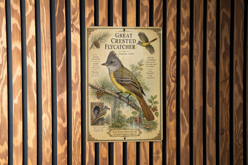 a vintage-style illustration of a Great Crested Flycatcher, a bird known for its distinctive appearance and habitat.