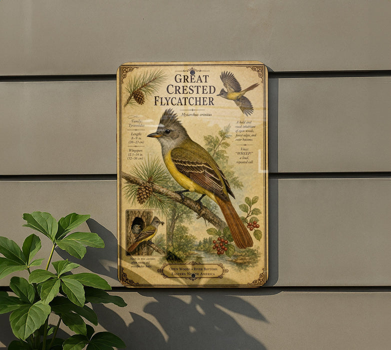 a vintage-style metal plaque with illustrations and text about the Great Crested Flycatcher, a bird species.