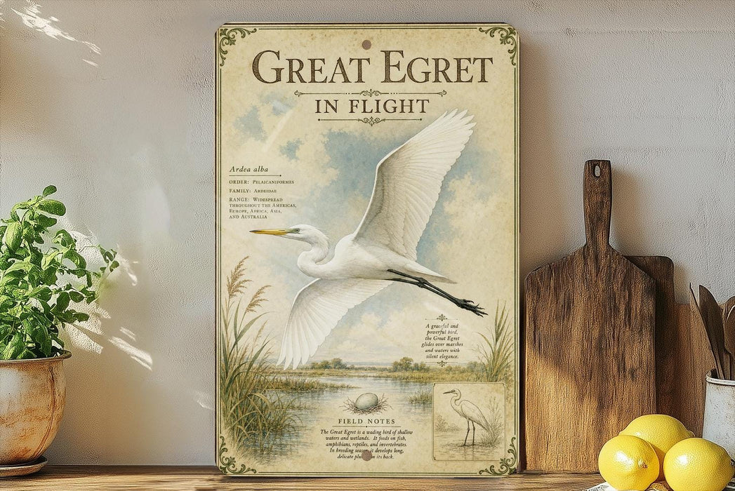 A vintage-style metal sign with a white egret illustration and text, placed on a wooden shelf next to a wooden cutting board and a potted plant.