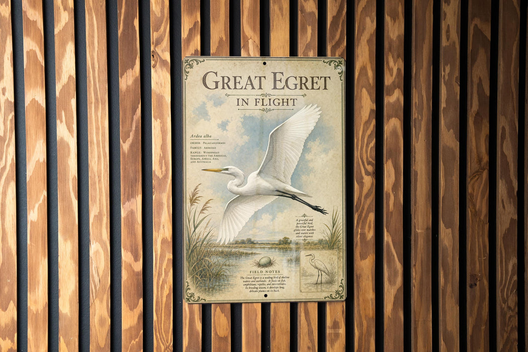 a poster with a large white bird in flight, displayed on a wooden wall.