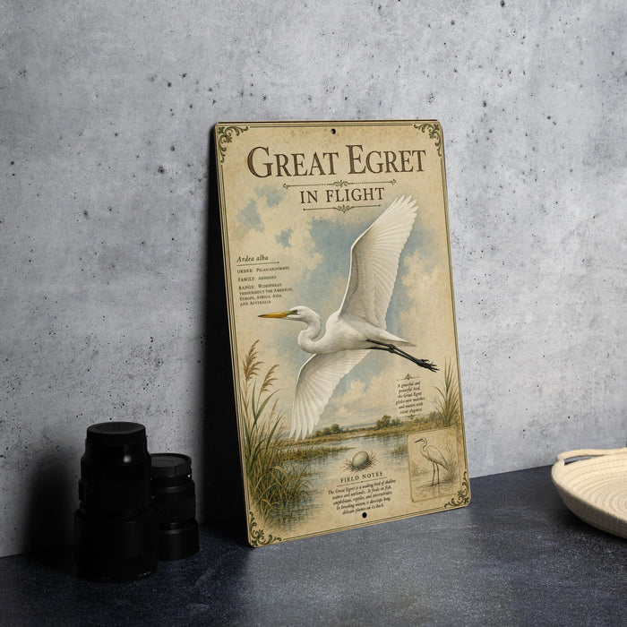 a vintage-style sign with a white heron illustration, placed on a table next to some black camera lenses.