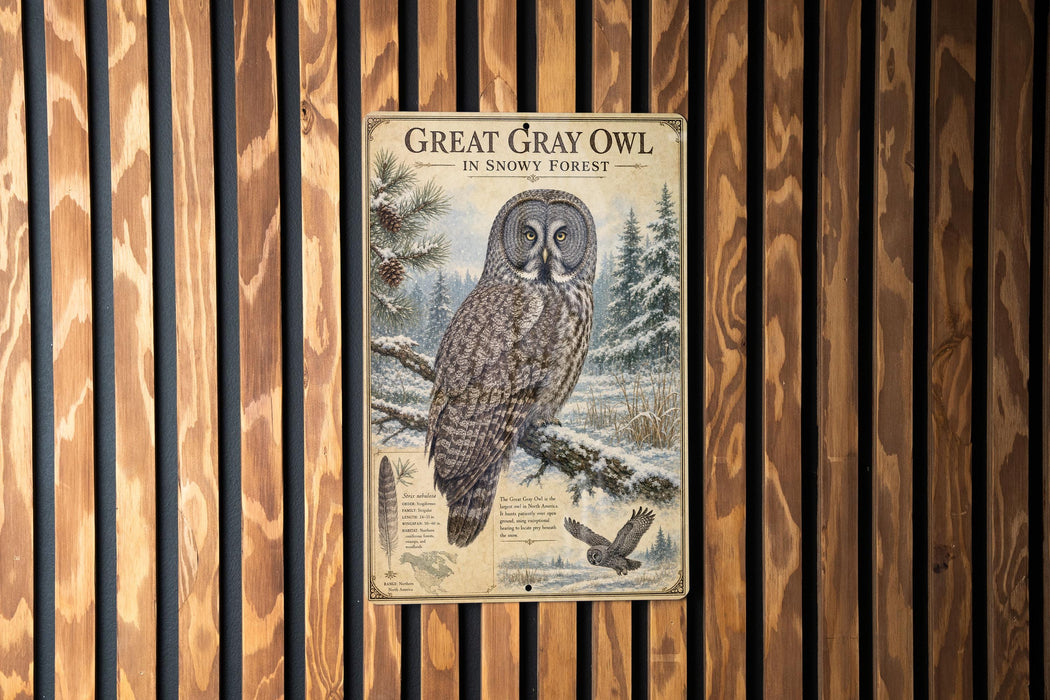 A metal sign featuring a detailed illustration of a great gray owl in a snowy forest setting.